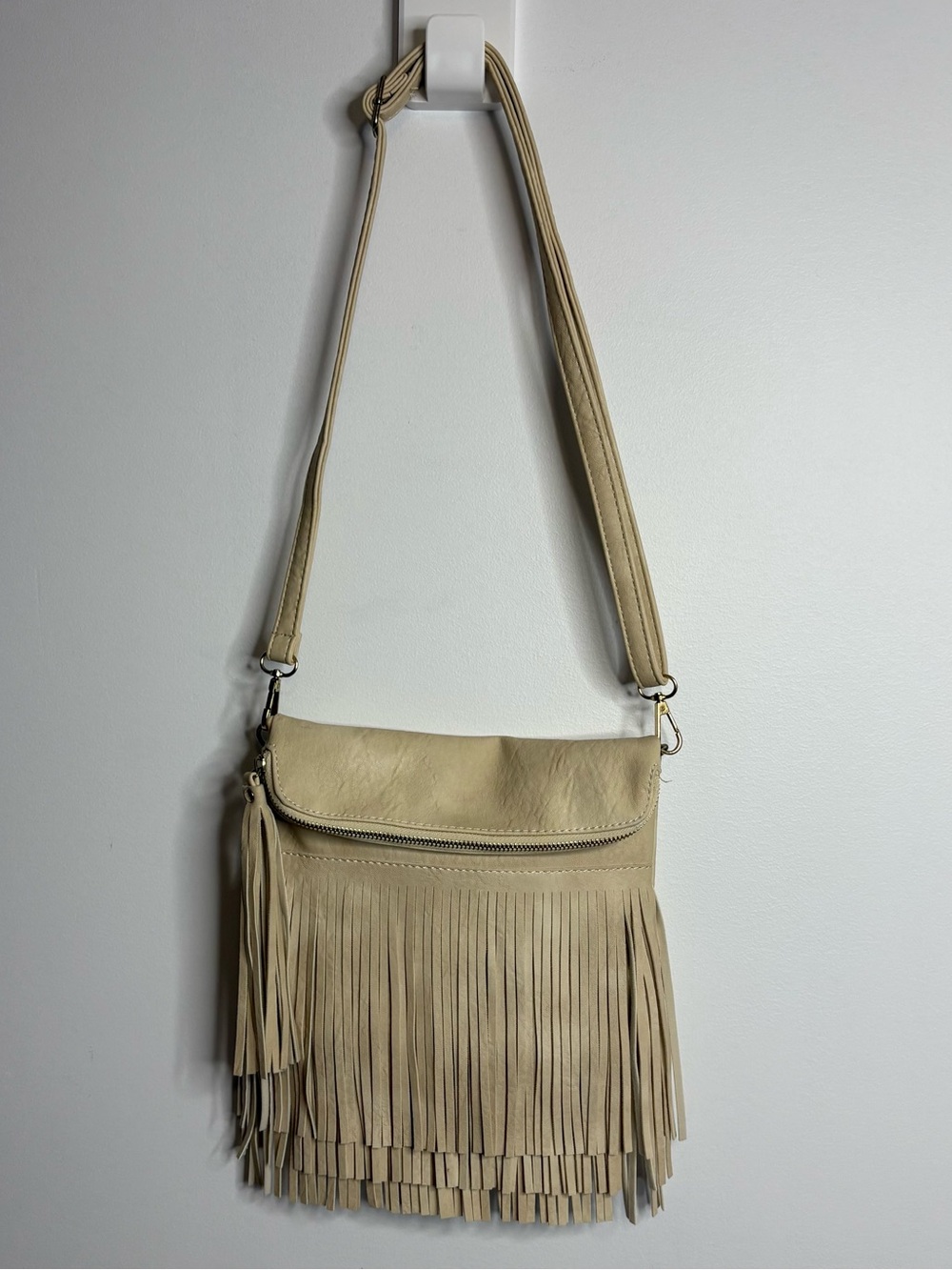 Crossbody Bag Beige Fringe